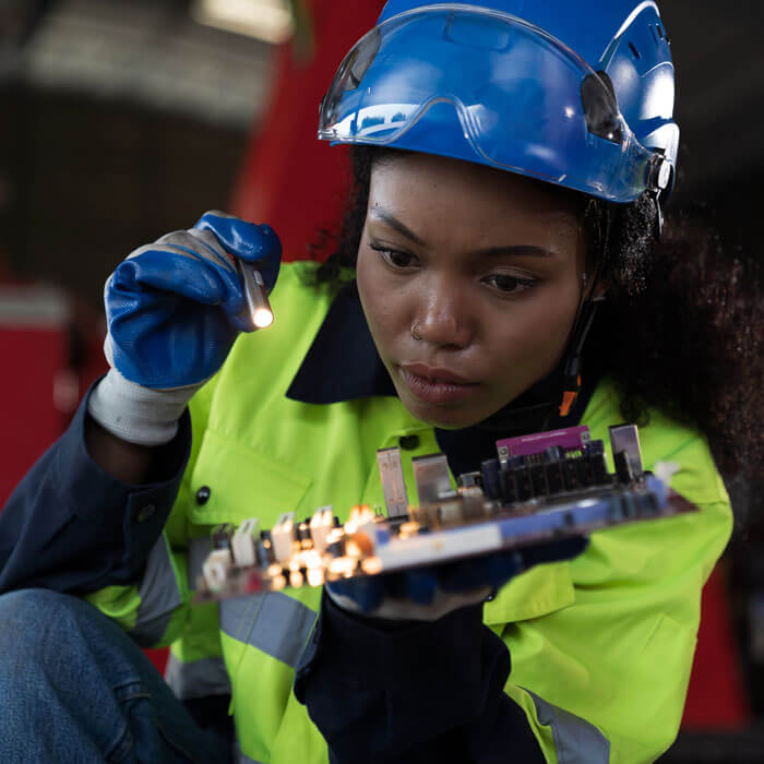 Female electrician using electrical meters working with operation electric system in a factory