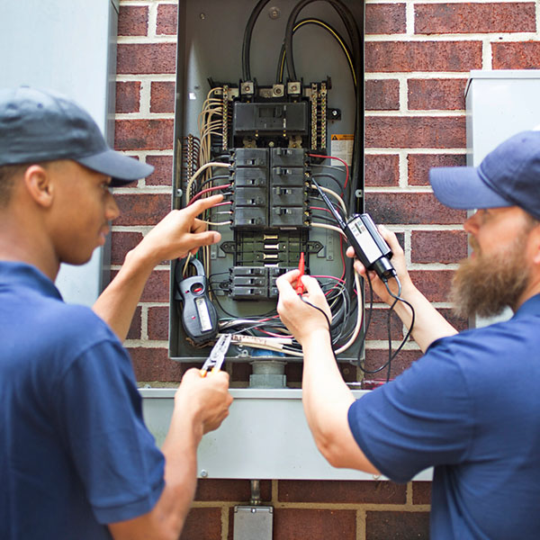 Two men electricians working on a residential breaker box
